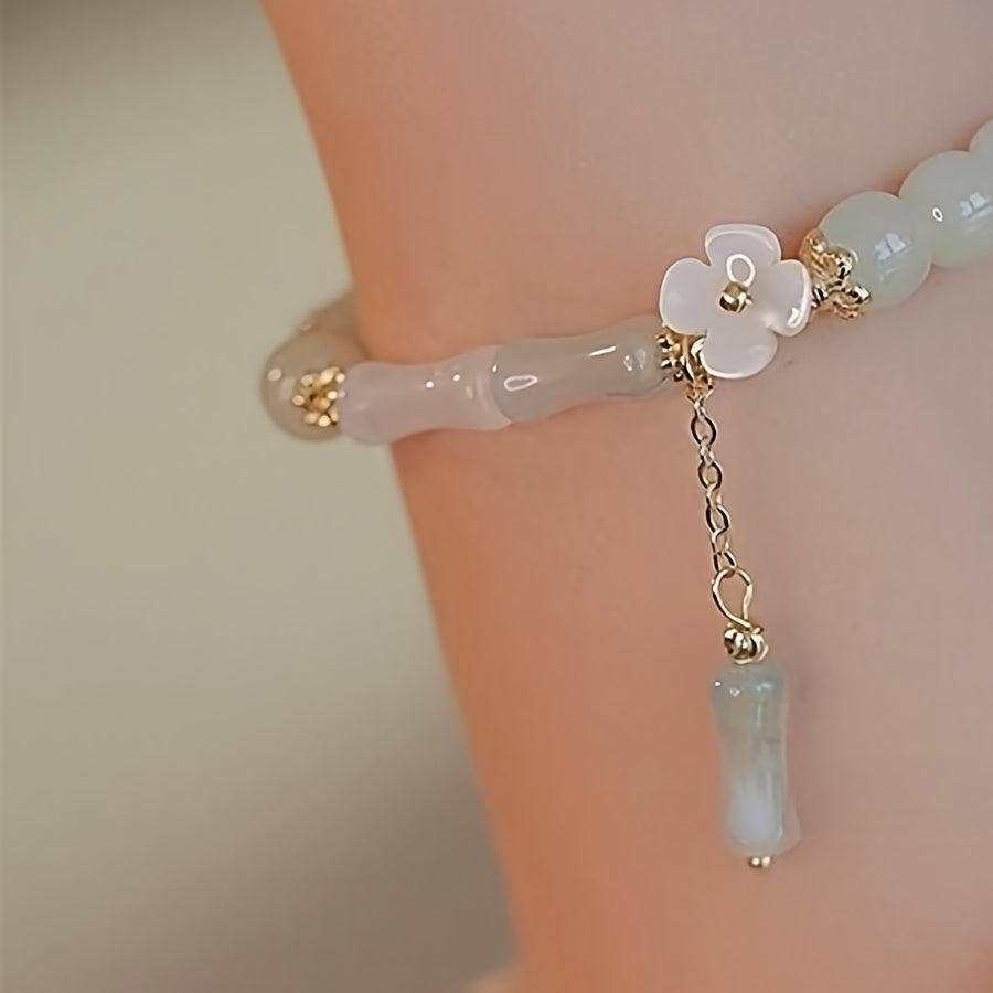 Vintage White & Golden Lotus Charm Bracelet - Faux Jade Beaded Jewelry for Mindful Living & Casual Elegance