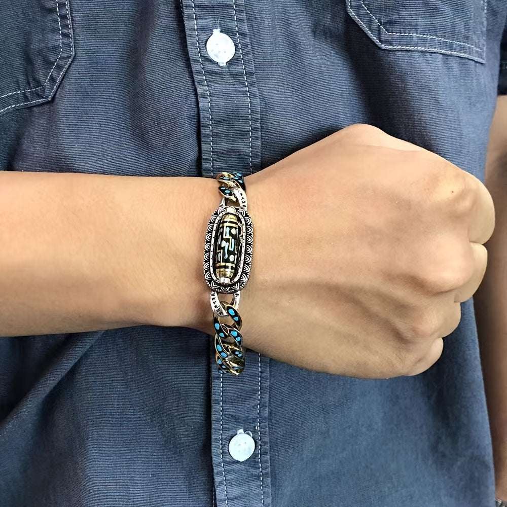 Men’s Vintage Nine-Eye Bead Bracelet — Protection, Wisdom & Energy Balance | Copper Chain with Turquoise & Agate Inlay