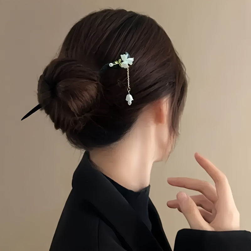 [2pcs Retro Wooden Hair Clip] 2pcs Retro Wooden Lily Of The Valley Hair Clip - Suitable for Traditional Chinese Clothing And Elegant Hair Bun
