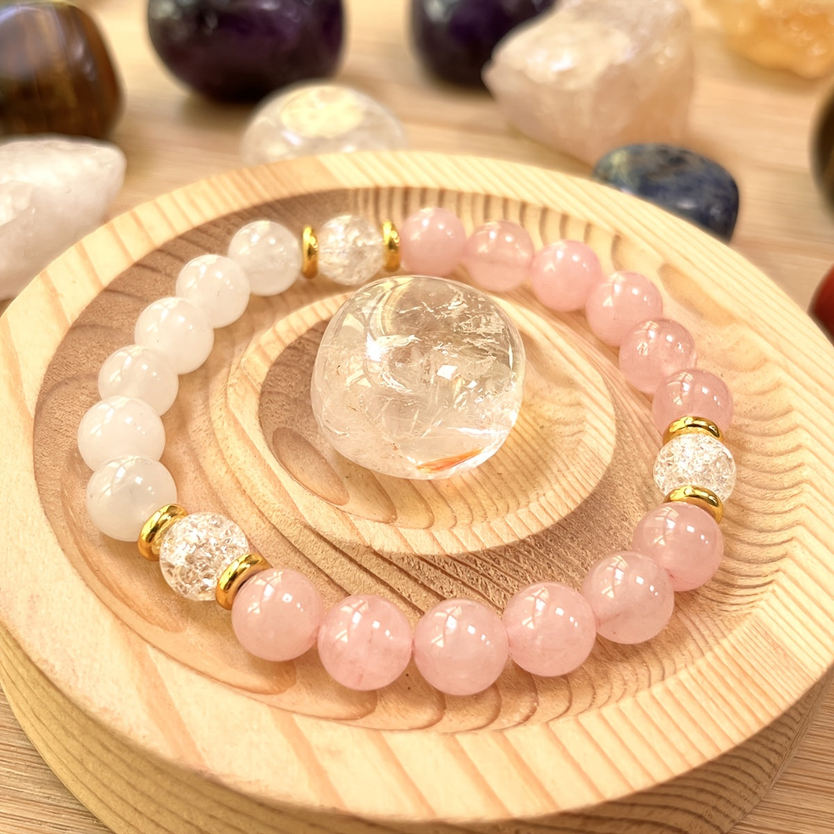 Pink Rose Quartz & White Stone Y2K Chakra Bracelet for Harmony & Protection