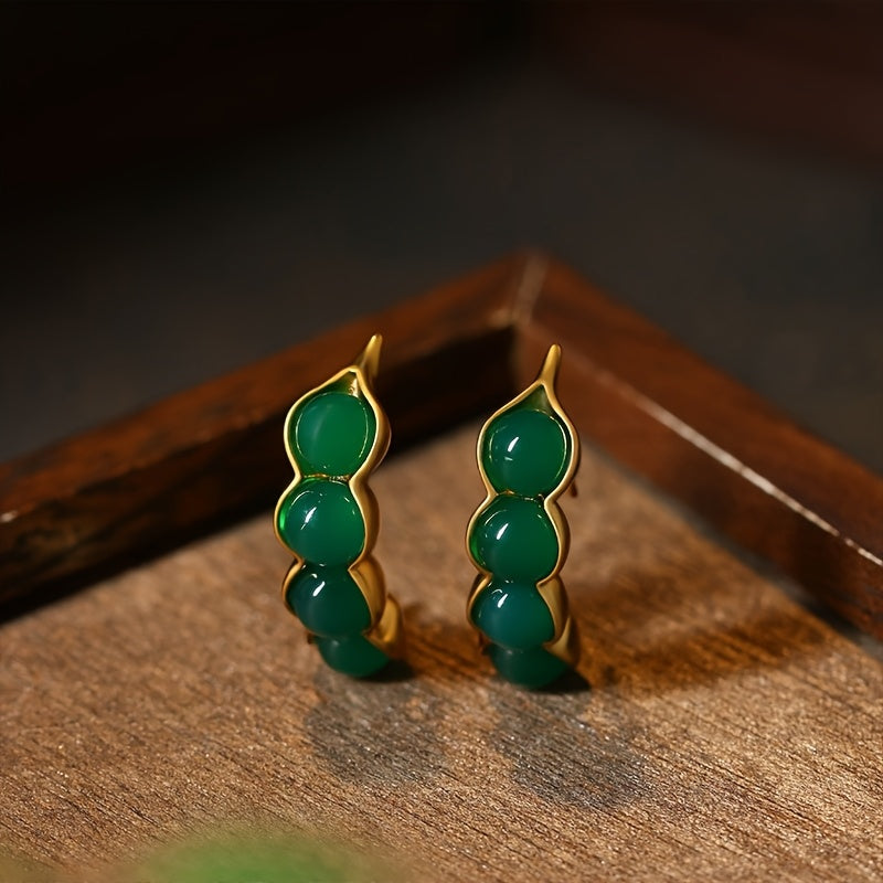 Natural Tiger Eye & Imitation Jade Earrings - Abstract Leaf Design with Healing Energy