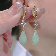 Vintage Jade Drop Earrings - Elegant Green Artificial Jade with Golden Hoop for Casual Wear & Gifting - Harmony & Prosperity Energy
