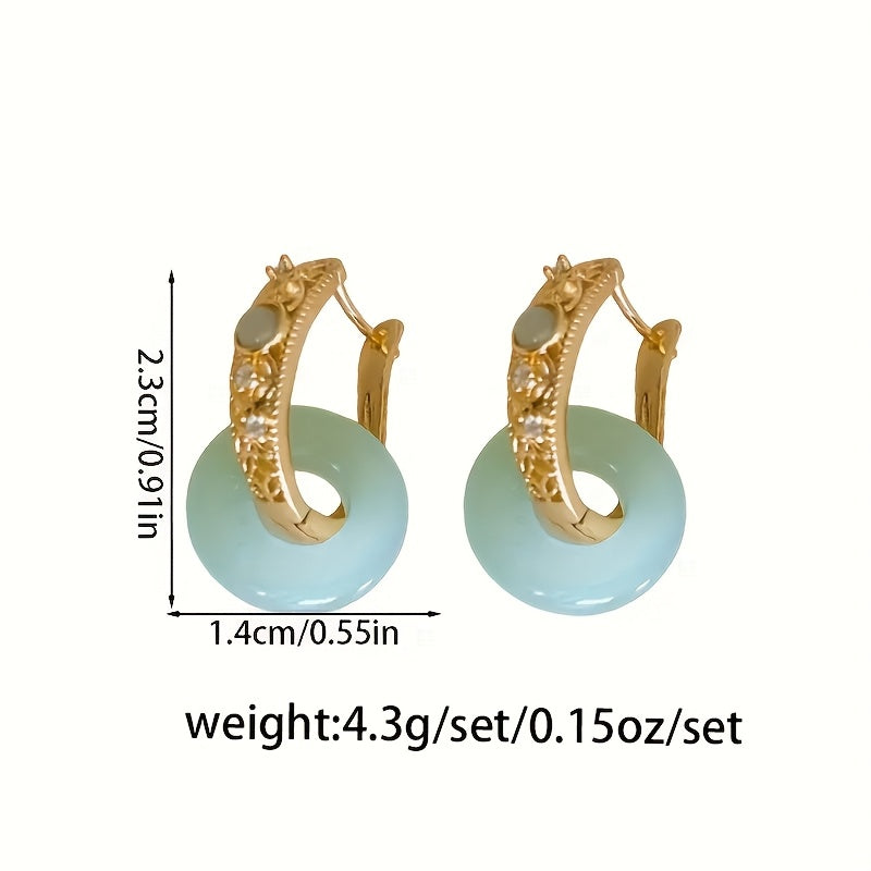 Elegant Chinese Hoop Earrings with Green Gemstone Accents - Year-Round Wear for Parties & Gifting