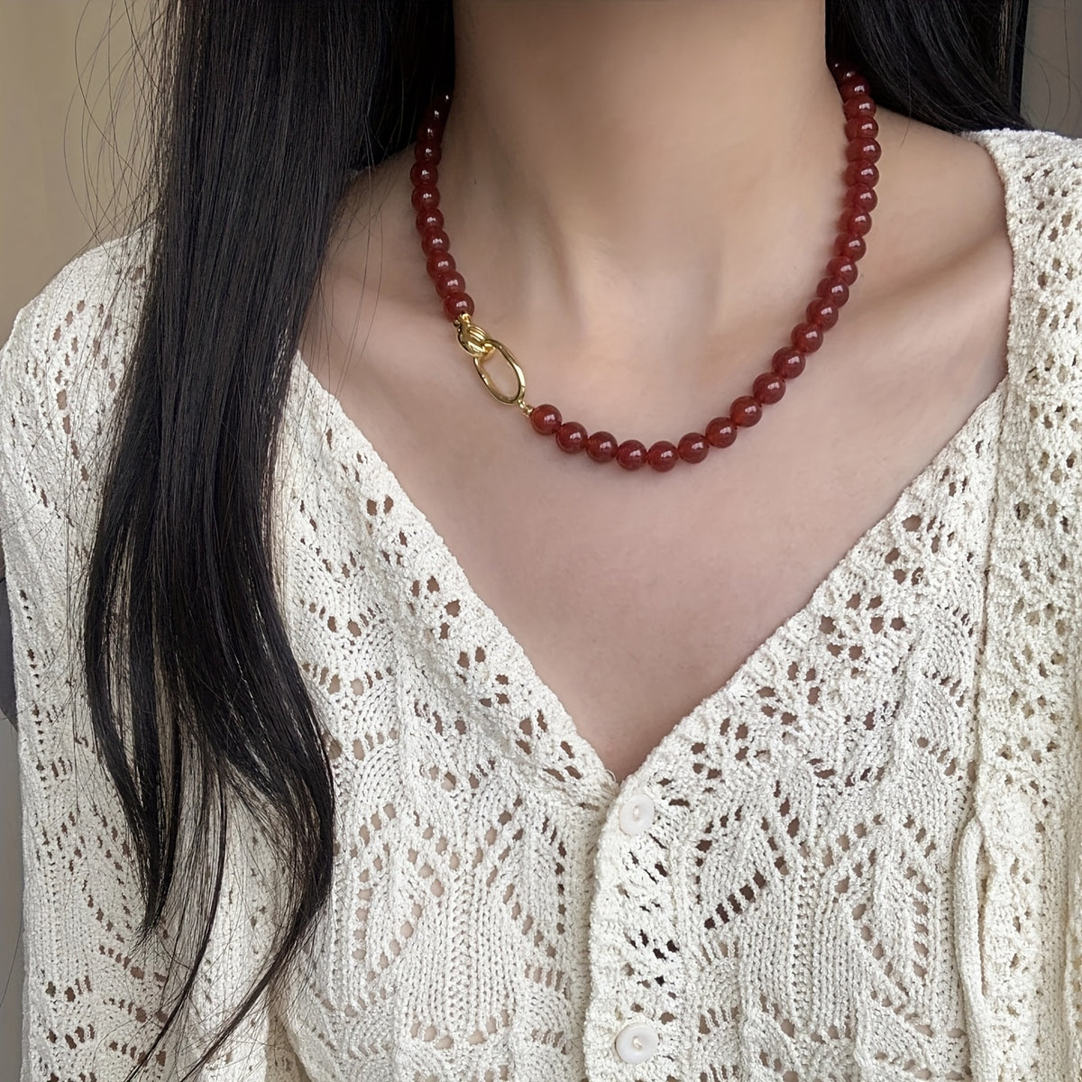 Luxury Agate Necklace - Minimalist Red Agate Bead Chain with Golden Accents for Spiritual Harmony