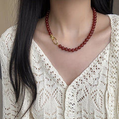 Luxury Agate Necklace - Minimalist Red Agate Bead Chain with Golden Accents for Spiritual Harmony