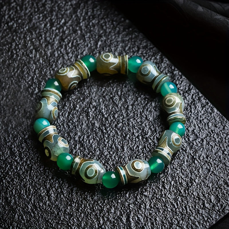 Green Agate Three-Eyed Dzi Amulet Bracelet – Prosperity, Protection & Spiritual Harmony