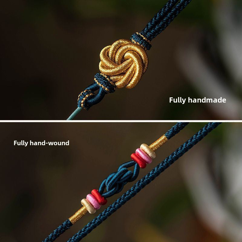 Golden Woven Rope Knot Necklace - Handmade Bohemian Mandala Design for Protection and Positive Energy