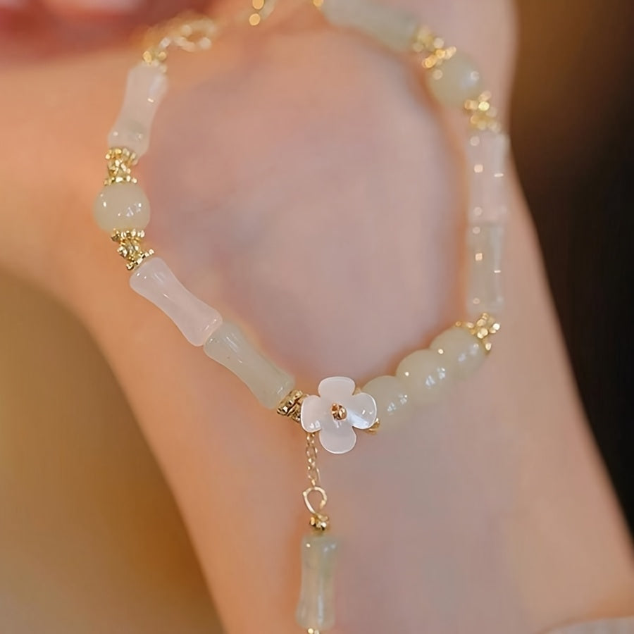 Vintage White & Golden Lotus Charm Bracelet - Faux Jade Beaded Jewelry for Mindful Living & Casual Elegance
