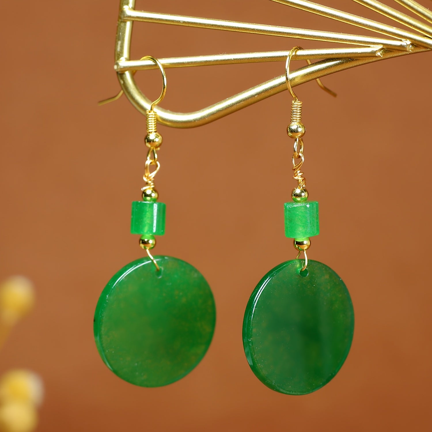 Natural Stone Round Earrings - Elegant Green Gemstone Dangle with Golden-Tone Metal for Parties & Valentine's Day