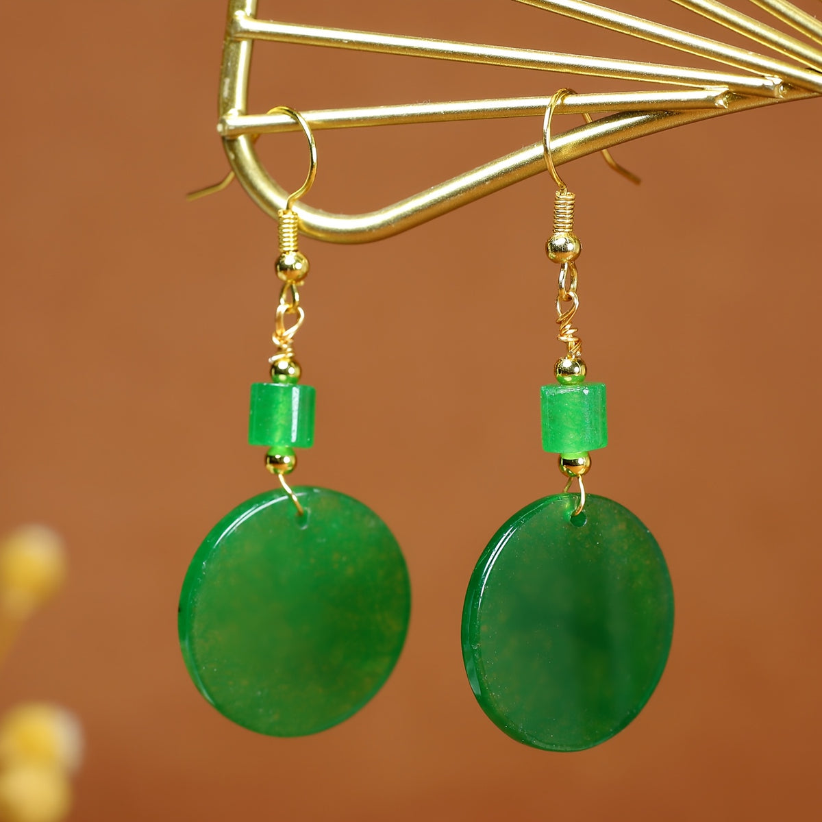 Natural Stone Round Earrings - Elegant Green Gemstone Dangle with Golden-Tone Metal for Parties & Valentine's Day