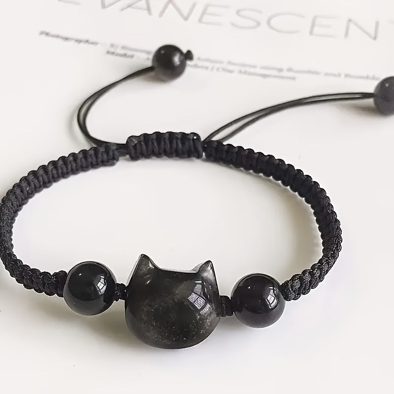 Adjustable Cat Charm Bracelet - Black & Red Beads with Pink Crystal for Harmony Energy