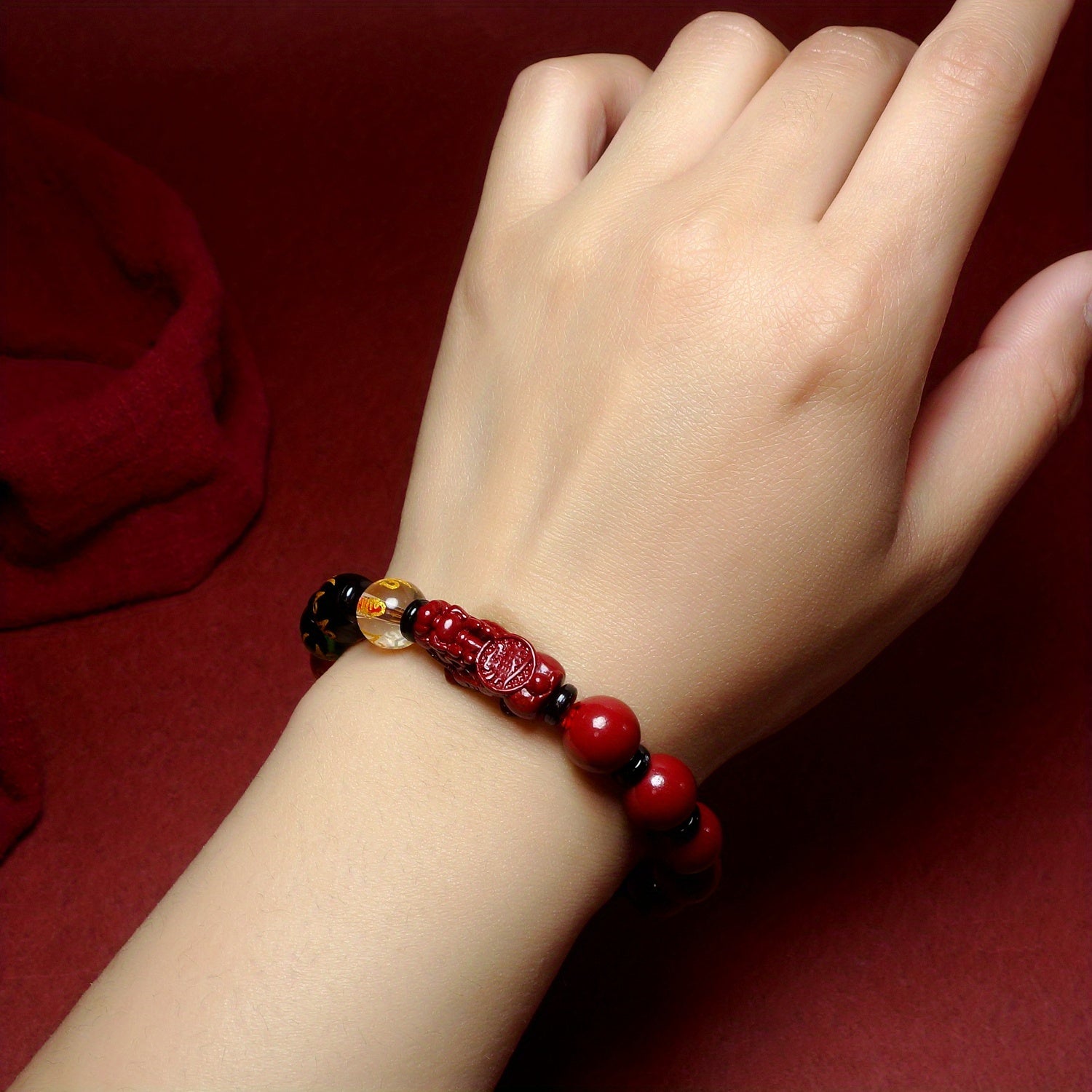 Natural Cinnabar Pixiu Bracelet - Red & Golden Good Fortune Charm for Women
