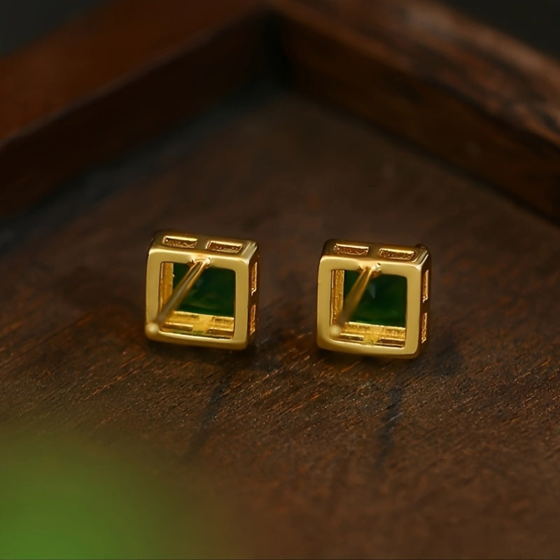 Gold-Plated Square Green Synthetic Stone Stud Earrings - Minimalist Design with Healing Energy