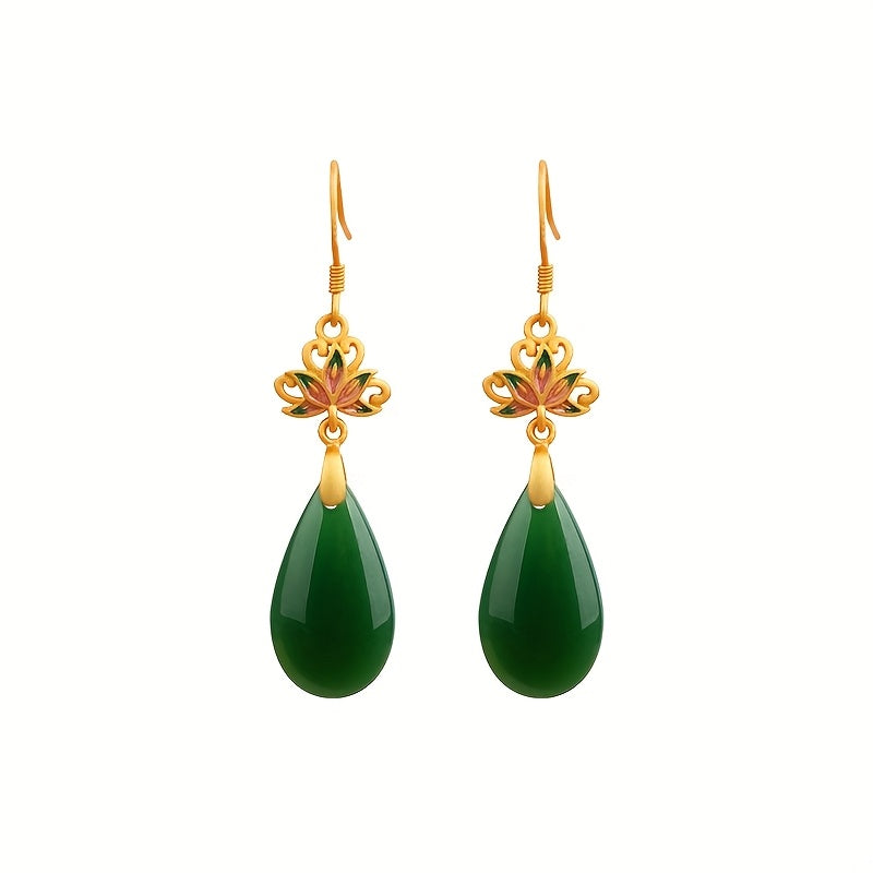 Golden-Plated Green Synthetic Stone Dripping Earrings Spiritual Energy Prosperity Charm for Dating & Vacation