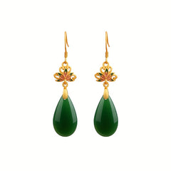 Golden-Plated Green Synthetic Stone Dripping Earrings Spiritual Energy Prosperity Charm for Dating & Vacation