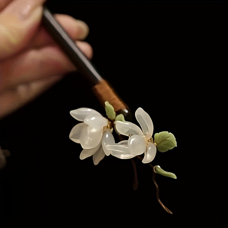 Handmade Wood Jade Orchid Hairpin - Ancient Elegance with Spiritual Energy