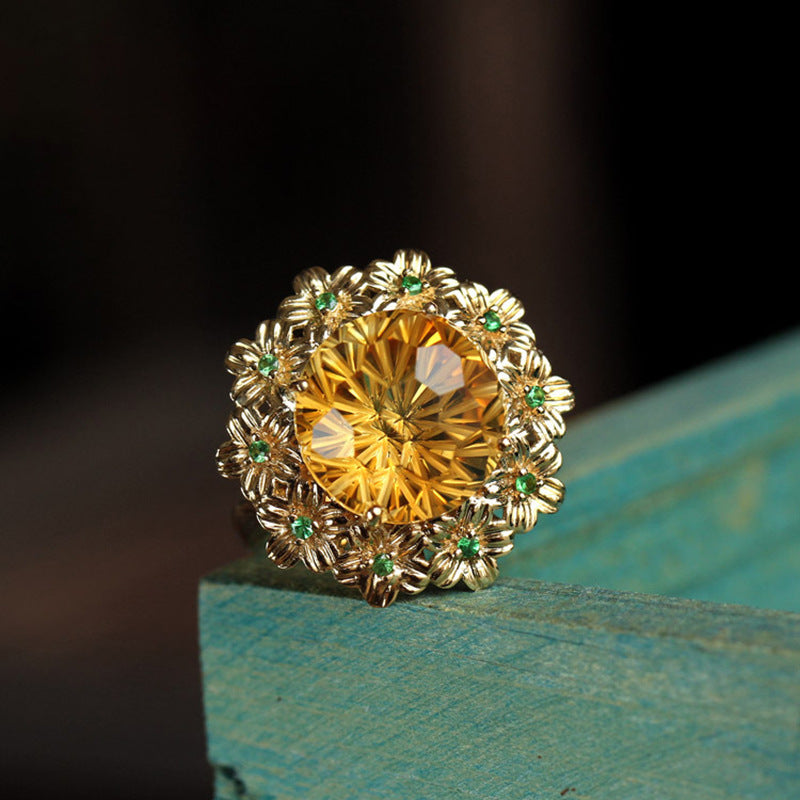 Sunset Blossom Citrine Ring - Firework Design with Imitation Jadeite Surround for Mother's Day, Anniversaries & Weddings