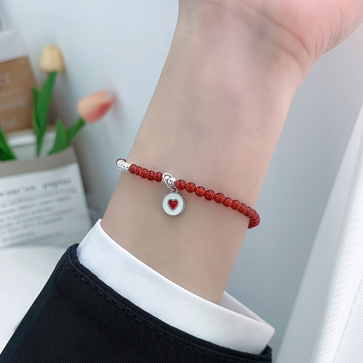 Pure Silvery Love Red Agate Heart Bracelet – Natural Gemstone Energy for Daily Harmony & Spiritual Balance