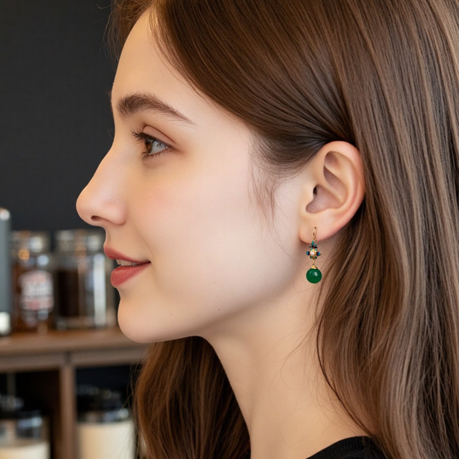 Golden-Plated Flower Earrings for Daily Dating Energy with and Dark Green Round Beads, Perfect for Daily Dating