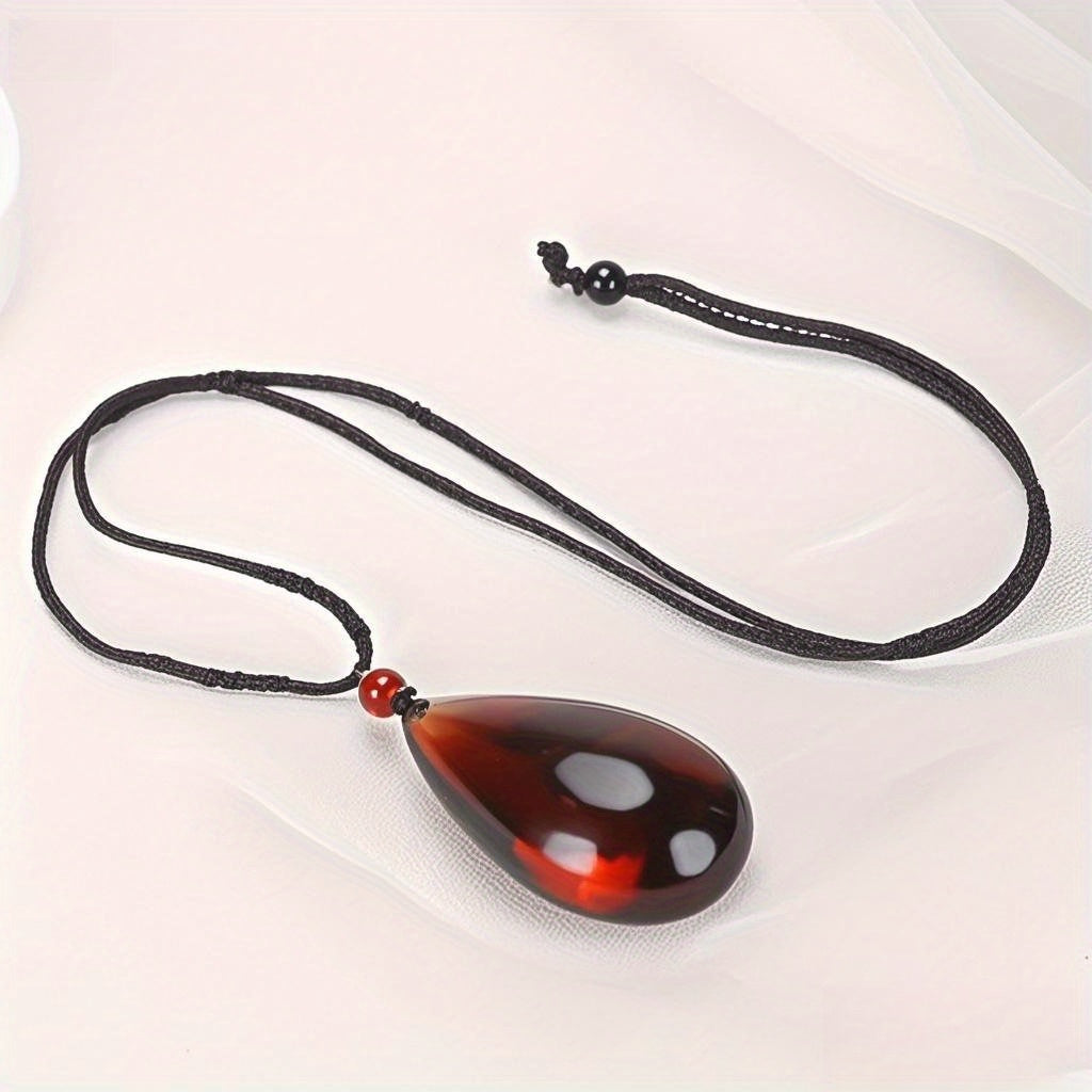 Natural Red Amber Bohemian Teardrop Necklace Pendant - Unisex Retro Jewelry for Women & Men, Valentine's Day & Birthday Gift, September Birthstone