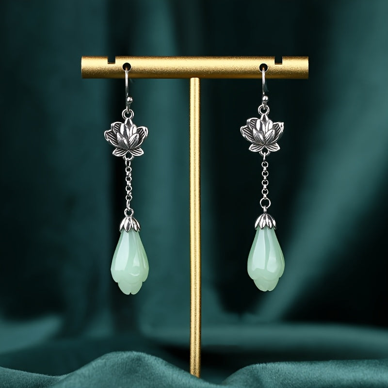 Elegant Lotus Flower Earrings - Silver Tone with Light Green Teardrop for Harmonious Energy