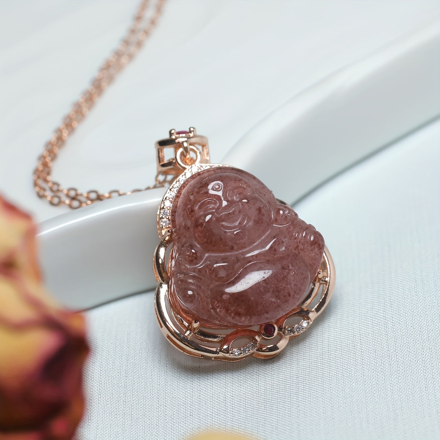 Natural Strawberry Crystal Laughing Buddha Pendant Necklace for Love, Abundance, and Positive Energy