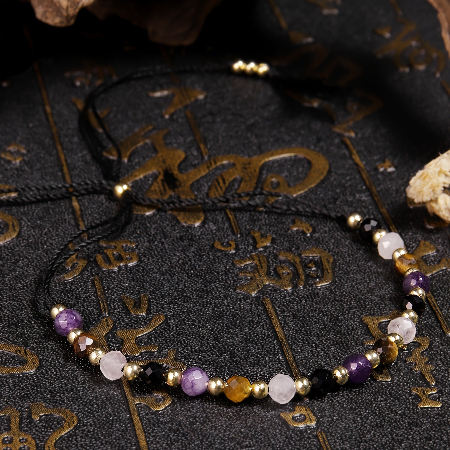 1pc Natural Stone Beaded Bracelet - Purple, Clear Quartz, Golden Tiger Eye & Black Obsidian for Energy Balance & Spiritual Protection