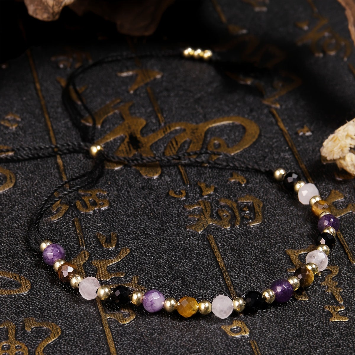1pc Natural Stone Beaded Bracelet - Purple, Clear Quartz, Golden Tiger Eye & Black Obsidian for Energy Balance & Spiritual Protection