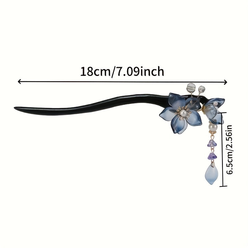 Handmade Recycled Wood Glazed Flower Hairpin - Blue Floral Hairpin with Teardrop Accents for Cheongsam & Hanfu - Traditional Chinese Hair Accessory with Positive Energy