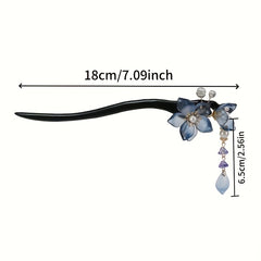 Handmade Recycled Wood Glazed Flower Hairpin - Blue Floral Hairpin with Teardrop Accents for Cheongsam & Hanfu - Traditional Chinese Hair Accessory with Positive Energy