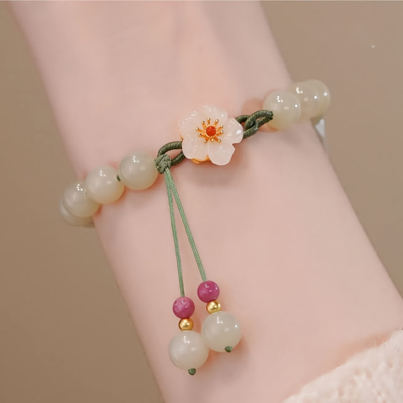 Imitation Jade Peach Blossom Braided Bracelet — Harmony, Love & Tranquil Energy Protection