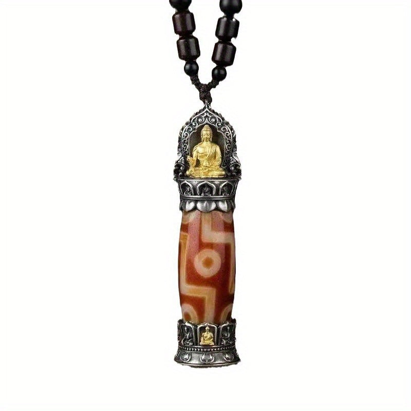 Authentic Tibetan Buddhist Nine-Eye Dzi Bead Pendant - Red & Golden Spiritual Jewelry with Buddhist Mantra