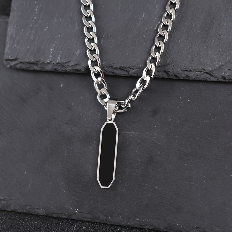 Men's Stainless Steel Cuban Chain Necklace with Black Geometric Pendant - Modern Energy & Versatile Style for Casual & Party Wear