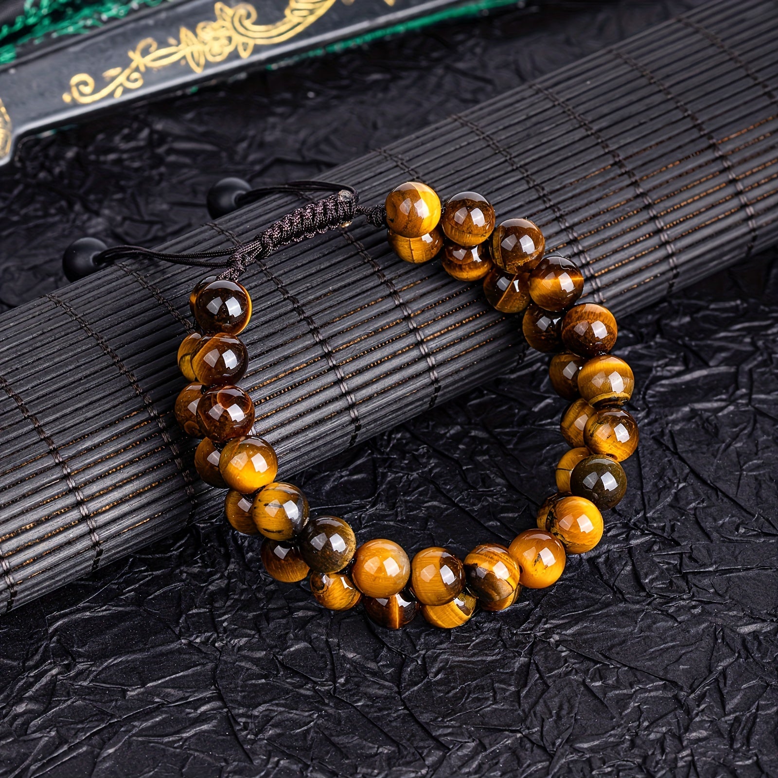 1pc Double Layer Triple Protection Tiger Eye Natural Stone Beaded Bracelet - Hand-Woven Bracelet with Black Onyx Accents for Spiritual Protection & Grounding
