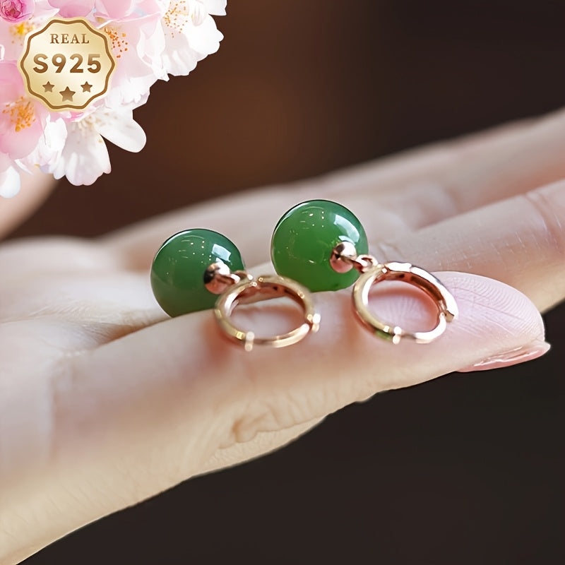 Natural Stone Earrings - 9-10mm Green Round Stones with S925 Silver for Energy Balance & Harmony