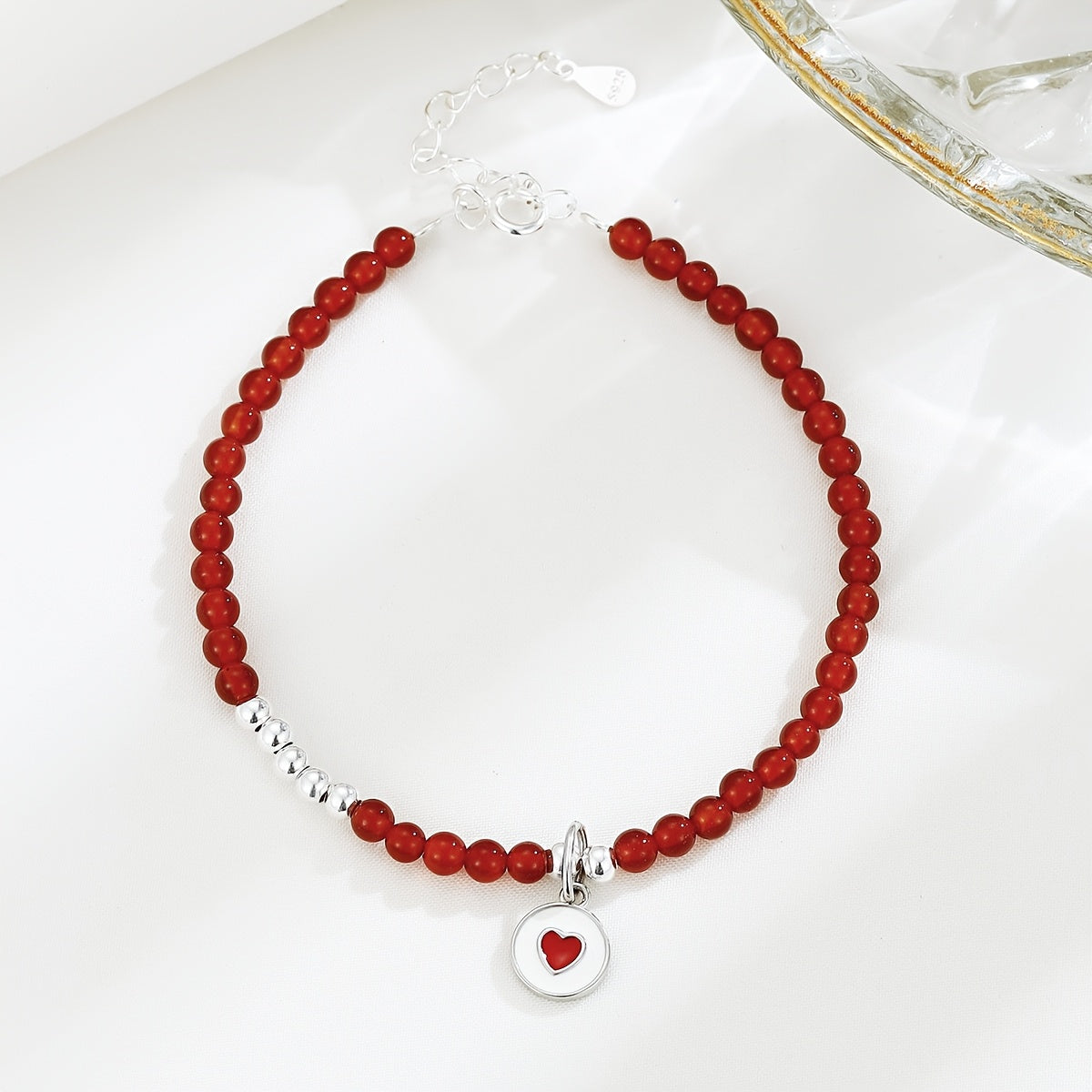Pure Silvery Love Red Agate Heart Bracelet – Natural Gemstone Energy for Daily Harmony & Spiritual Balance
