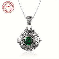 Elegant Vintage-Inspired 925 Sterling Silver Pendant with Green Zirconia - Protection, Abundance & Spiritual Harmony