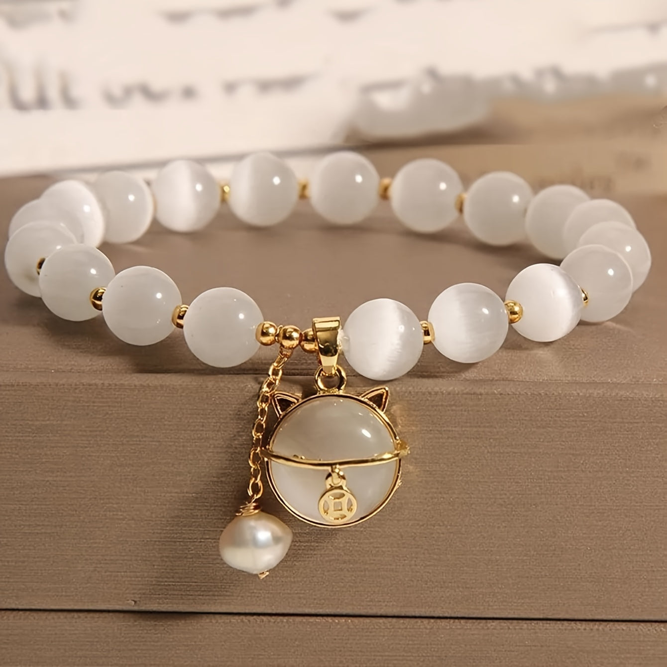 Healing White Opal Beaded Bracelet    Energy Balance, Emotional Harmony & Spiritual Protection1Pc Fashionable Opal Beaded Bracelet With Cat Pendant