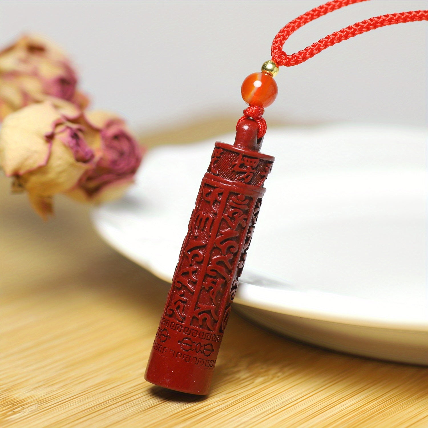 Cinnabar Stone Carved Pendant - Six True Word Mantra Amulet - Feng Shui Prosperity Talisman for Couples