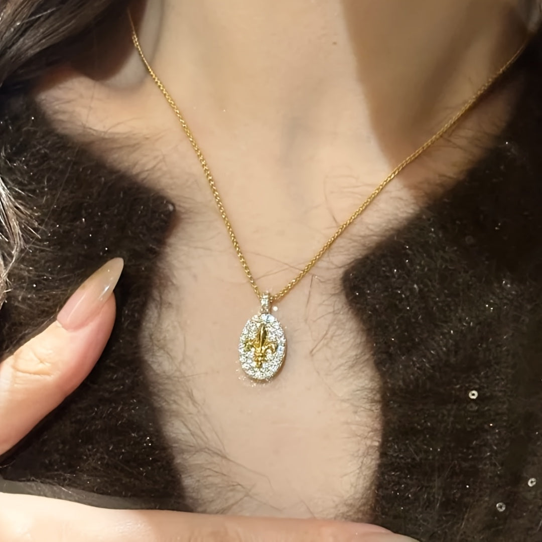 Vintage-Inspired 18K Golden-Plated Synthetic Zirconia Pendant Necklace - Elegant Fleur-de-Lis Design for Spiritual Harmony