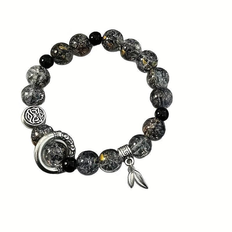 1 Stylish Glass Bead Stretch Bracelet with Pendant - Unisex Black & Gold Design for Casual Wear & Energy Balance