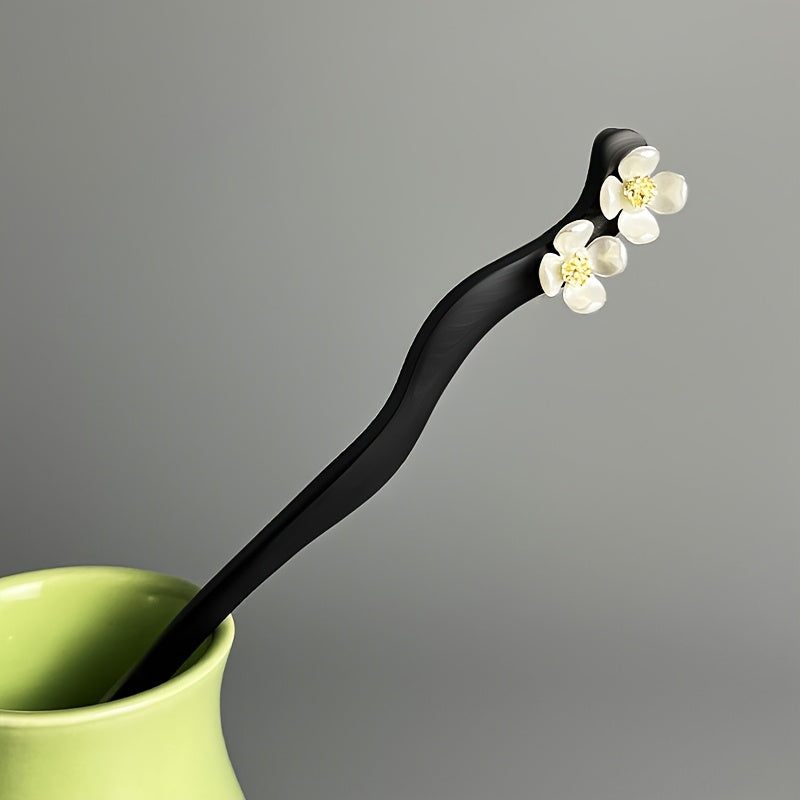 1pc Elegant Chinese Hairpin - Minimalist Floral Hair Stick with Black Wood & White Flower Accents - Traditional & Modern Hairstyles for Wedding, Party, Everyday Formal Events
