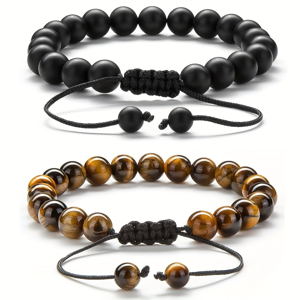 Tiger Eye Stone Bracelets for Grounding Energy - Handcrafted Adjustable Matte Black Beads