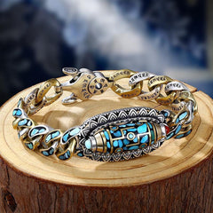 Men’s Vintage Nine-Eye Bead Bracelet — Protection, Wisdom & Energy Balance | Copper Chain with Turquoise & Agate Inlay