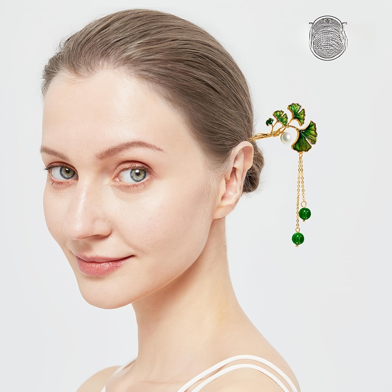 Elegant 14K Copper Plated Hairpin with Ginkgo Biloba & Emerald Beads - 6.69 Inch Handcrafted Hair Accessory for Women, Perfect for Weddings & Formal Events - Harmony Energy Talisman