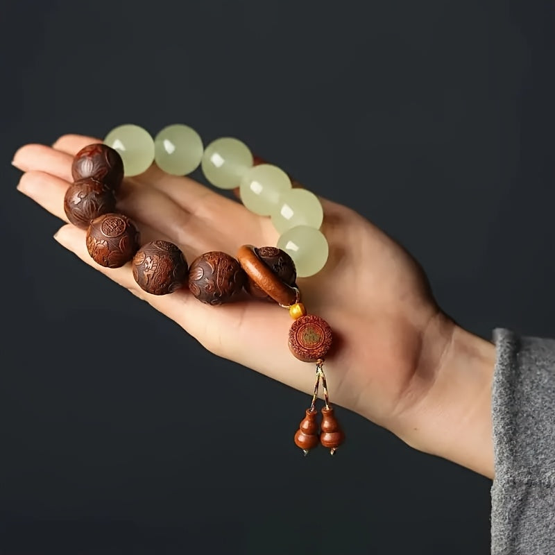 Handcrafted Luminous Sandalwood & Pear Wood Beaded Bracelet — Grounding, Protection & Good-Fortune Energy Talisman (20 mm Beads)