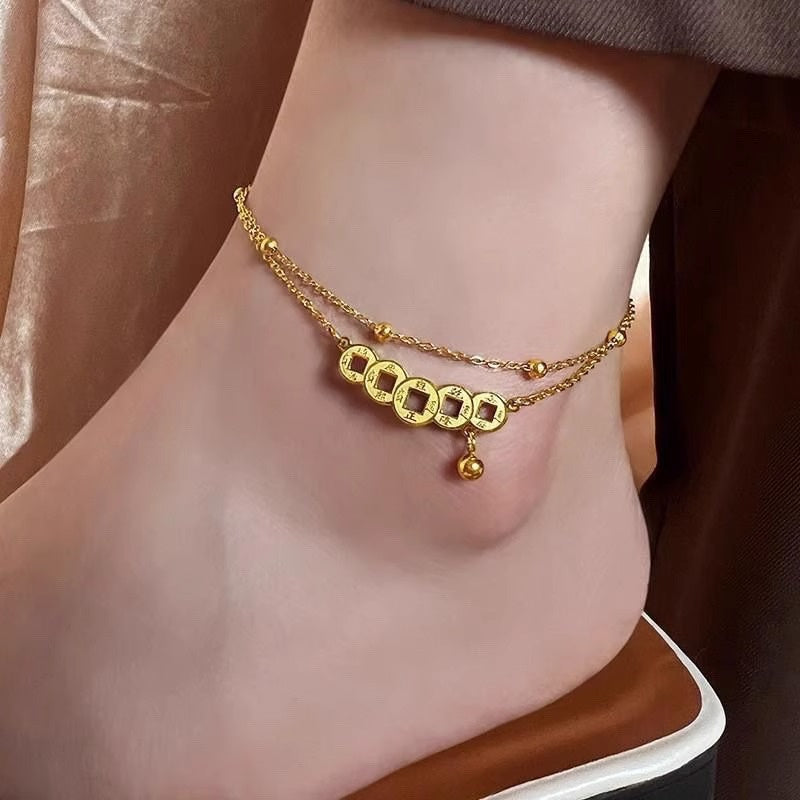 Vintage Asian-Inspired Lucky Foot Chain - Golden Copper Coin Pendant for Good Luck Energy