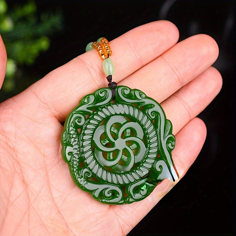 Natural Stone Necklace Pendant - Enhance Your Energy with Antique Dragon & Phoenix Design in Spinach Green