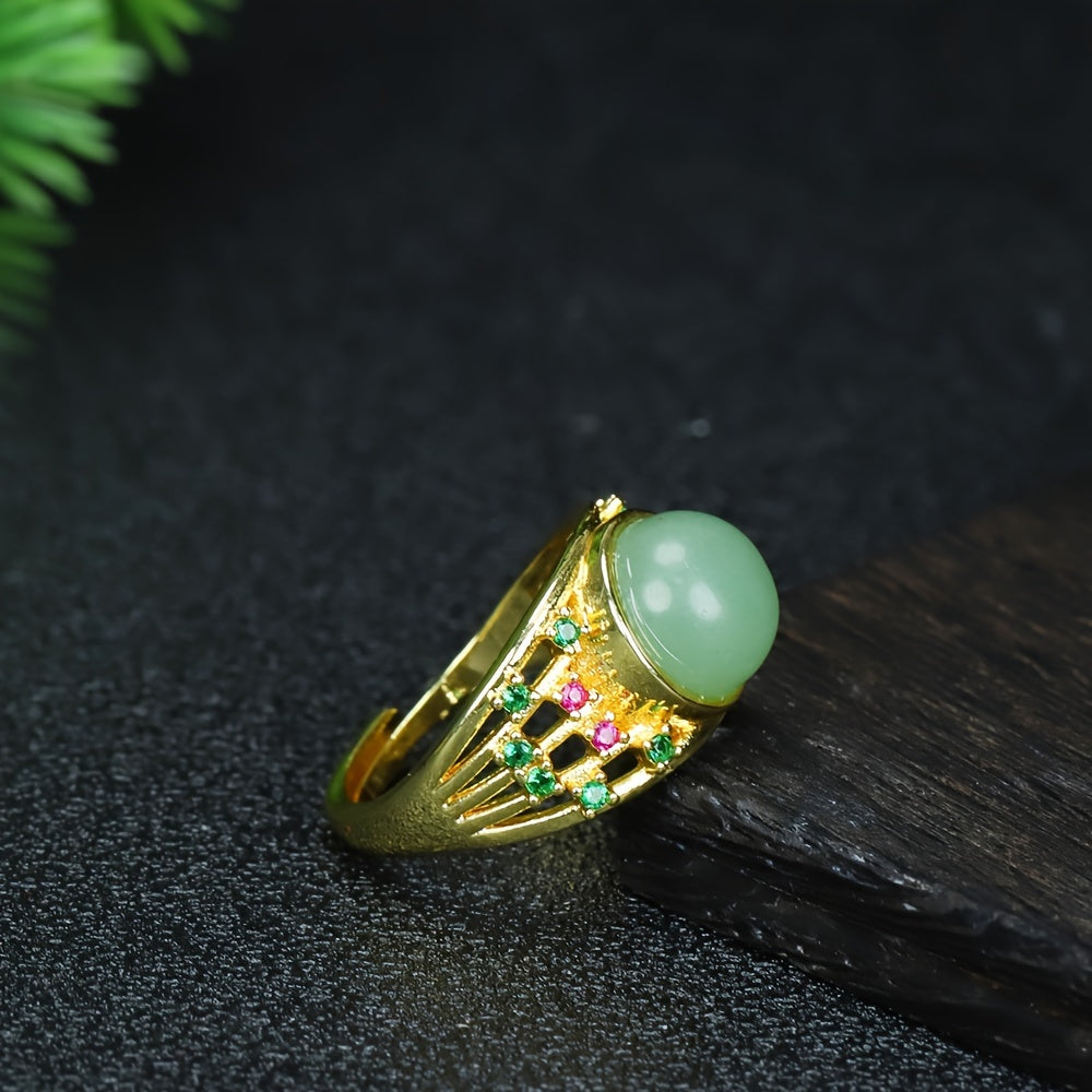 Vintage-Inspired Men's Ring with White Jade Stone for Wisdom, Prosperity, and Energetic Protection