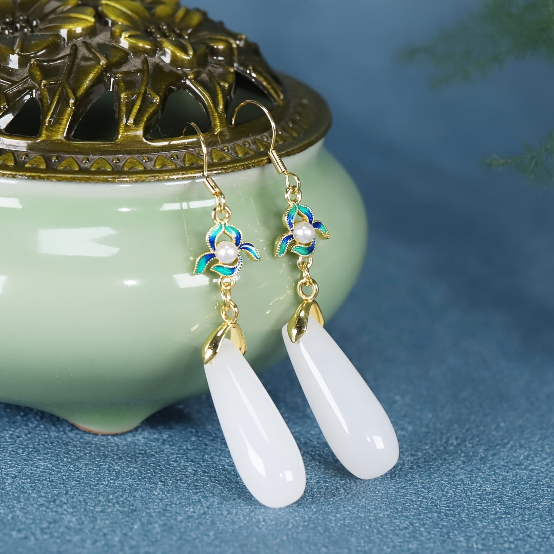 Elegant Dangle Earrings - Natural Stone Teardrop Antique Hanfu Inspired for Mature Women